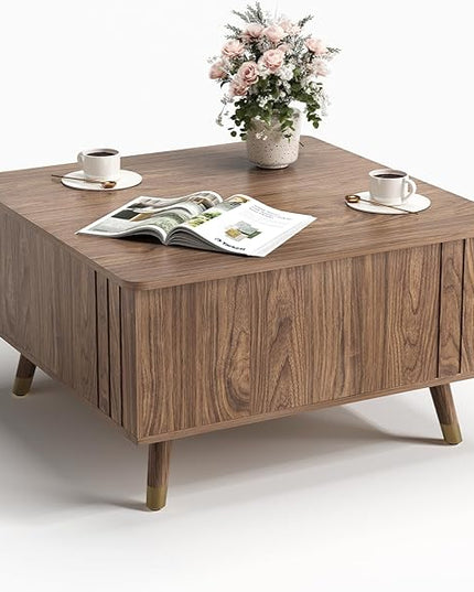 Lift Top Coffee Table, Mid Century Modern Center Table with Large Hidden Storage Compartment, 31.5" Square Coffee Tables for Living Room, Home Office, Walnut