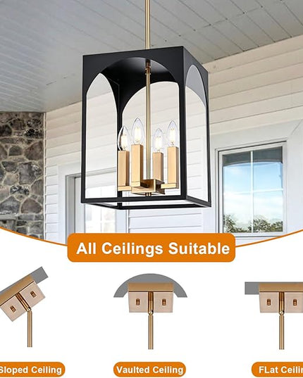 VINLUZ Outdoor 4 Lights in Black and Brushed Brass Finish, Metal Indoor Outdoor Pendant Hanging Lantern Lighting with Clear Glass Shade for Balcony Dining Room