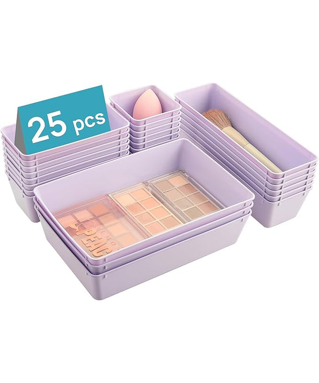 Vtopmart 25 PCS Plastic Drawer Organizers Set, 4-Size Versatile Bathroom and Vanity Drawer Organizer Trays, Storage Bins for Makeup, Bedroom, Kitchen Gadgets Utensils and Office