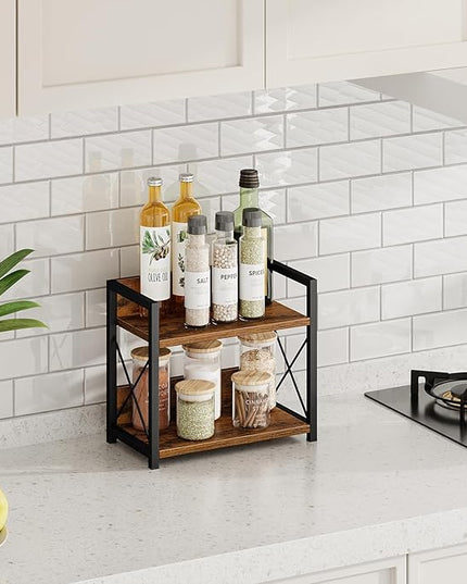 Giikin Countertop Shelf Organizer, 2 Tier Kitchen Spice Rack for Countertop, Wood Coffee Counter Shelf Organizer for Home (Brown, S)