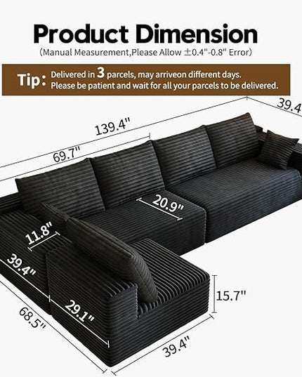 139.4" Modular Sectional Sofa, L-Shaped Minimalist Couches with Middle Seat Chaise, Modern Deep Seat Convertible Sleeper Sofa,Cloud Plush Corduroy Fabric, No Assembly Required, 5 Seater, Black