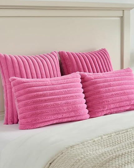 FUTEI Hot Pink Throw Pillow Covers Set of 2, 18x18 Inch Striped Texture Cushion Cases with Soft Faux Rabbit Fur Front & Velvet Back, Modern Decorative Couch Pillows for Living Room