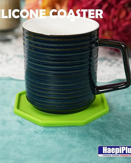 6 Pieces Silicone Coasters, Octagon Shape Hot Cup Mat for Drinks, Heat Resistant Glass Cushion, Coffee Coaster for Table, Desk, Kitchen, Office, Bar Protection (Green)