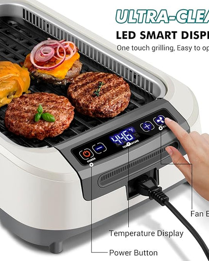 CUSIMAX Smokeless Grill, Korean Grill, 1500W Electric BBQ Grill with Tempered Glass Lid & LED Smart Display, Non-stick Removable Grill Plate, Off-White