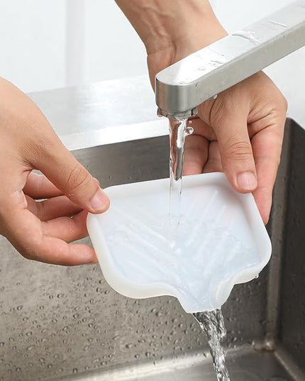 Silicone Bathroom Soap Dishes with Drain Spout-Bathroom and Kitchen Sink Organizer,Sponge Holder,Dish Soap Tray,Perfect for Dispenser,Scrubber,Bottle,Cup on Counter Translucent 4.9"×3.2"