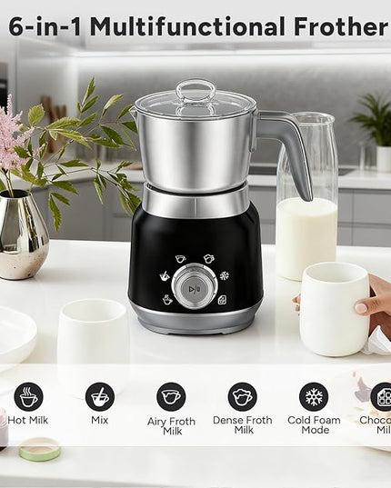 6-in-1 Electric Milk Frother and Steamer with Detachable Cups, Automatic Cold and Warm Foam Maker for Lattes/Cappuccinos/Hot Chocolate, Dishwasher Safe Black