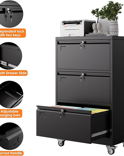 METAN Upgrade 3 Drawers Lateral File Cabinet on Wheels,Steel Office Filing Storage Cabinet with 3 Locks,Assembly Required,Black