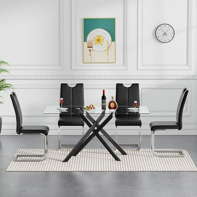 HomVent 5 Pieces Rectangular Glass Dining Table Table Set, Glass Kitchen Table Set for 4 with 4 PU Dining Chairs for Kitchen Dining Room
