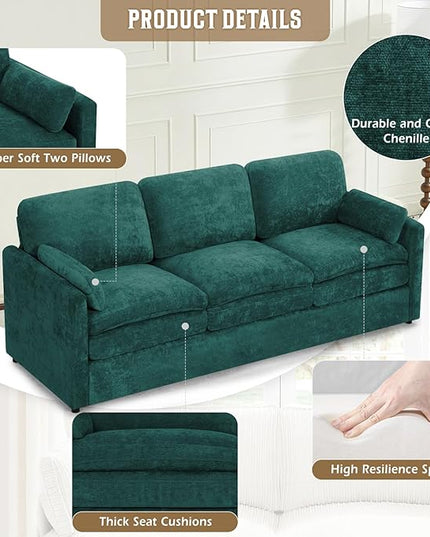 89" Chenille 3 Seats Sofa with 2 Pillows, Modern Upholstered Sofa with Deeper Seats, Comfy Sofa with Thickened Cushions for Living Room, Apartment, Teal