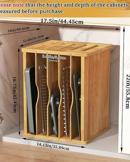 6 Tier Rubber Wood Tray Dividers for Cabinets, Heavy Weight Kitchen Vertical Tray Divider Organizer, Storing pans, Baking trays, Cutting Board(16.73" W x 14.13" H x 12.4" D)