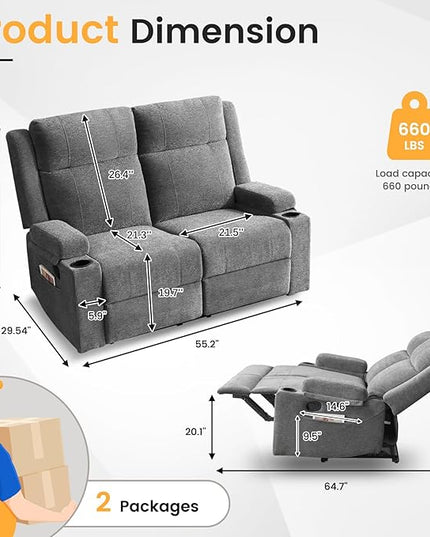 Loveseat Recliner, Loveseat Sofa with Adjustable Footrest, Wall Hugger Recliner for Living Room & Home Theater & RV(Gray)