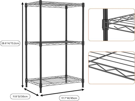 3 Tiers Shelf Metal Storage Shelves Wire Rack Closet Organizers with Wheel for Garage Kitchen Bathroom Laundry Black 11.8" D x 17.7" W x 28.8" H