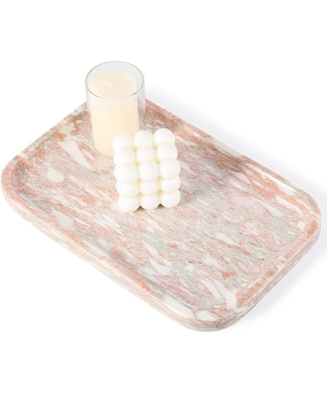 Marble Vanity Tray, Marble Bathroom Tray Countertop, Decorative Tray for Dresser, Rosso Red Stone Serving Trays for Kitchen, Perfume, Jewelry Candle Holder, Catch All