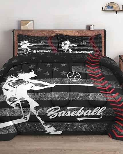 Comforter Set Queen Size, Baseball American Flag Soft 3 Pcs Bedding for Kids and Adults America Athlete Sport Comforter Set with 2 Pillowcases for Bedroom Bed Decor