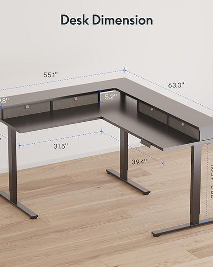 FLEXISPOT 63" L Shaped Standing Desk Electric Corner Table with Monitor Shelf, 4 Storage Drawers, Adjustable Computer Workstation for Home, Office, Game, Studio, Black Top + Black Frame
