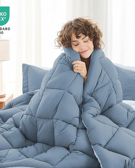 MUXHOMO 7 Pieces Queen Comforter Set, Reversible Bed in a Bag Queen Size, All Season Bedding Set with Comforter, Flat Sheet, Fitted Sheet, Pillowcases & Shams, Mineral Blue & Light Blue