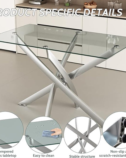 47.24 Inch Glass Dining Table, Rectangular Kitchen Glass Table for 4 People, Modern Dining Room Table for Dinner Kitchen Dining Room(Silver)