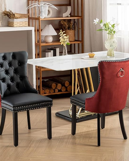 SoarFlash Leather Dining Chairs Set of 2, Tall Back Side Chair, Modern Upholstered Side Chair with Button Back Ring, Solid Wood Legs (Black&Red)