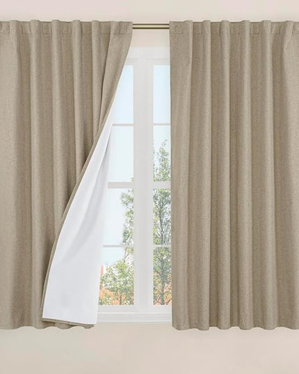 LAMIT Linen 100% Blackout Window Curtains for Bedroom, 45 Inches Linen Textured Thermal Farmhouse Curtains Back Tab and Rod Pocket Window Panels with White Liner, 2 Panels, 52 x 45 Inch, Taupe