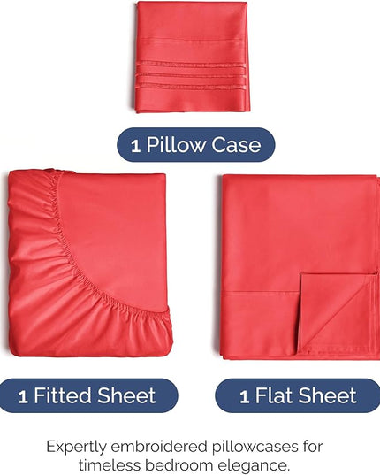 Twin Size 3 Piece Sheet Set - Comfy Breathable & Cooling Bed Sheets Set - Hotel Luxury Bedding for Women, Men, Kids, Teens, Boys and Girls - Deep Pockets, Ultra-Soft & Wrinkle Free - Oeko-Tex - Red