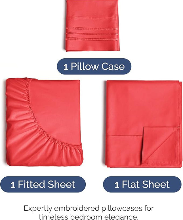Twin Size 3 Piece Sheet Set - Comfy Breathable & Cooling Bed Sheets Set - Hotel Luxury Bedding for Women, Men, Kids, Teens, Boys and Girls - Deep Pockets, Ultra-Soft & Wrinkle Free - Oeko-Tex - Red