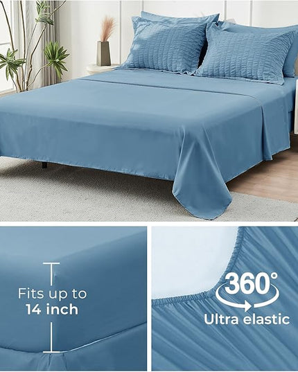HYMOKEGE Mineral Blue Full Size Comforter Sets Seersucker 7 Pieces, All Season Luxury Bed in a Bag for Bedroom, Bedding Set with Comforter, Sheets, Pillowcases & Shams
