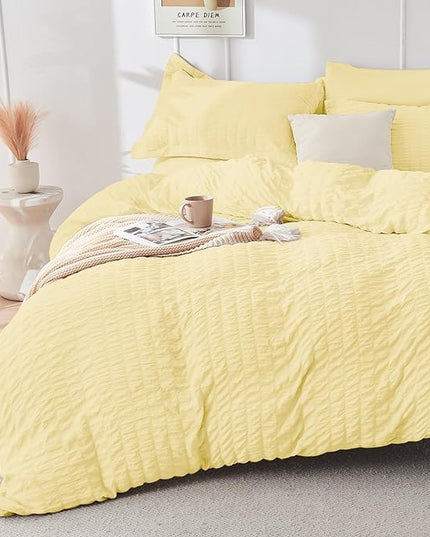 HYMOKEGE Yellow King Size Comforter Set Seersucker 7 Pieces, All Season Luxury Bed in a Bag for Bedroom, Bedding Set with Comforter, Sheets, Pillowcases & Shams