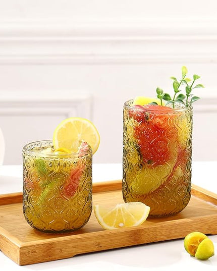Green Drinking Glasses Set of 8, 12 Oz Highball & 10 Oz Cocktail Glasses, Green Kitchen Vintage Glassware Set, Floral Embossed Glass Tumbler Cups for Water, Beer, Juice, Whiskey, Coffee