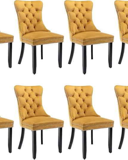 SoarFlash Velvet Dining Chair Set of 8, Upholstered Tufted Dining Room Chair with Nailhead Trim and Solid Wood Leg for Kitchen (Gold)