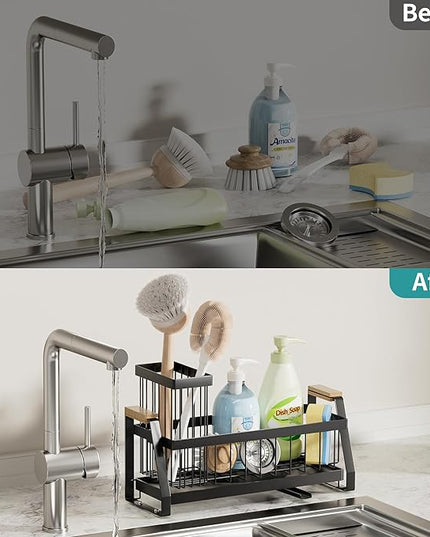 Sink Caddy Organizer with Wooden Handle & Self-Draining Tray, Trapezoid Kitchen Sponge Holder with Non-Slip Suction Cups , Organizer for Sponge, Brush, Soap Dispenser for Sink and Bathroom Countertop