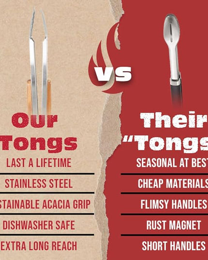 BBQ-AID Pro BBQ Tongs for Grill - 17" Professional Grade Barbecue Tongs for Cooking- Solid & Sturdy - Built with 304 Grade Stainless Steel and Acacia Wood - Heavy Duty Built to Last Kitchen essential.