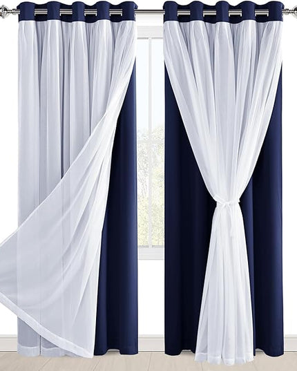 Hiasan Blackout Curtains with Sheer Overlay 84 Inches Long, Thermal Insulated Mix & Match Double Layer Window Curtains for Bedroom, Living Room, Nursery, 2 Panels with Tiebacks, Navy Blue, 60W X 84L
