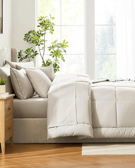 CozyLux King Size Comforter Set Oatmeal, 7 Pieces Bed in a Bag, Oatmeal Comforter King Size, All Season Bedding Sets with Stitch Quilted Comforter, Flat Sheet, Fitted Sheet, Pillowcases