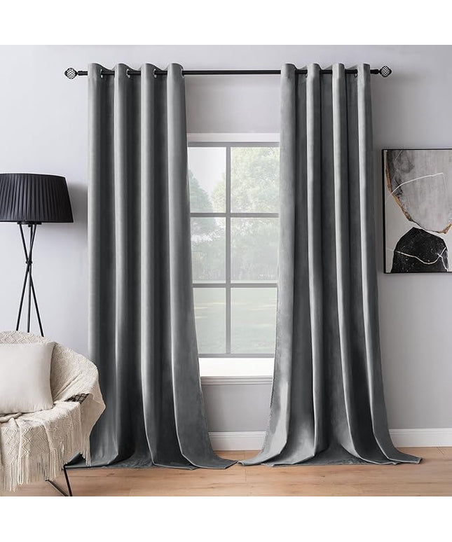 MIULEE 2 Panels Blackout Velvet Curtain Solid Soft Grommet Grey Room Darkening Curtains Thermal Insulated Soundproof Black Out Curtains/Panels for Living Room Bedroom 52 x 108 Inch