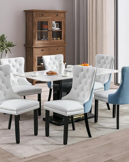 SoarFlash Leather Dining Chairs Set of 6, Tall Back Side Chair, Modern Upholstered Side Chair with Button Back Ring, Solid Wood Legs (White&Blue)
