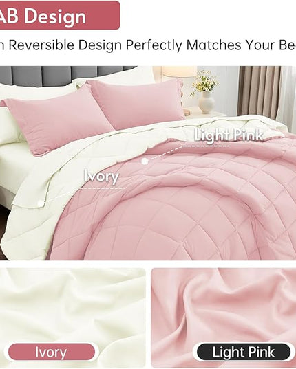 MUXHOMO 7 Pieces King Comforter Set, Reversible Bed in a Bag King Size, All Season Bedding Set with Comforter, Flat Sheet, Fitted Sheet, Pillowcases & Shams, Light Pink & Ivory