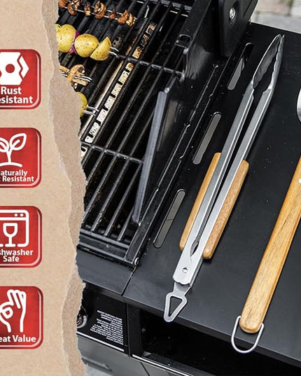 BBQ-AID Pro BBQ Tongs for Grill - 17" Professional Grade Barbecue Tongs for Cooking- Solid & Sturdy - Built with 304 Grade Stainless Steel and Acacia Wood - Heavy Duty Built to Last Kitchen essential.