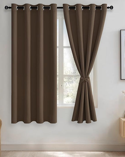 JIUZHEN Blackout Curtains with Tiebacks - Thermal Insulated, Light Blocking and Noise Reducing Grommet Curtain Drapes for Bedroom and Living Room, Set of 2 Panels, Brown, 52x 63 Inch Length
