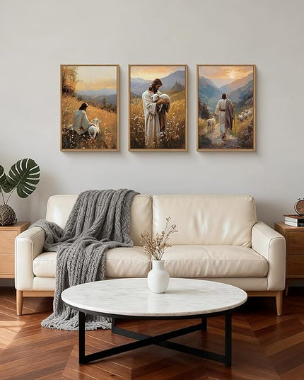 HOURIA Jesus Leaves The 99 Sheep Framed Canvas Wall Art Set,Christian The Lost Sheep Wall Decor,Jesus Embraces Lamb Artwork,Religious Biblical Art Prints for Living Room, Bedroom, Church- 16"x24"x3