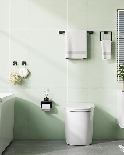 5-Pieces Bathroom Hardware Set, SUS304 Stainless Steel Wall Mounted 16 Inch Towel Bar, Toilet Paper Holder, Towel Hooks, Bathroom Towel Bar Set (Matte Black (Type 2), 5 Piece-16 inch)