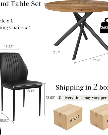 45.3'' Walnut Round Dining Table Set for 4, Mid Century Modern Small Coffee Set for Dining Room Kitchen Apartment (Light Walnut + 4 Black Chairs)