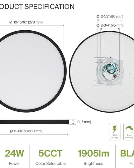 ASD LED 12" Round Flush Mount Ceiling Light Fixture, Low Profile Surface Lighting | 5CCT, Dimmable, Ultra-Thin, ETL Listed | 24W 1900LM 2700-6000K 120V | Kitchen, Bedroom, Hallway Lamp | Black