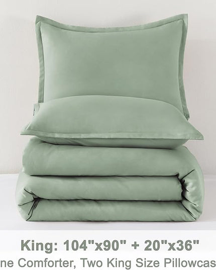Litanika King Size Comforter Set, 3 Pieces Fluffy Lightweight Comforter King Size, All Season Solid Down Alternative Comforter Bed Set, Sage Green King