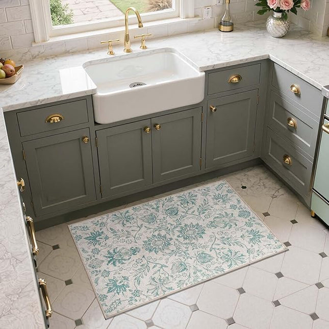 jinchan Torino 2x3 Washable Rugs for Entryway Vintage-Inspired Floral Design Non-Slip Low-Pile Doormat Ultra-Thin Indoor Traditional Accent Carpet for Entrance Kitchen Bathroom Bedroom