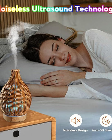 Boho Essential Oil Diffuser for Home Rattan Weaving with Remote Control, 100mL 7 Changing Color Lights Ultrasonic Aroma Humidifier, Noiseless Auto-Off Sleep Mode for Bedroom Office Workout