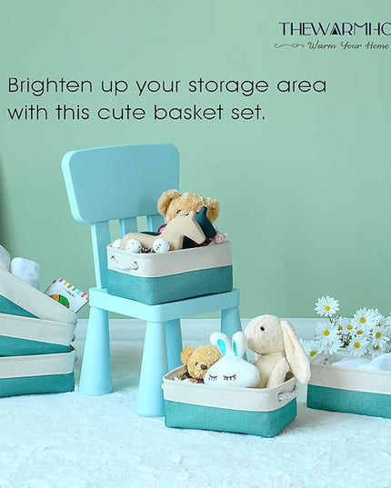 TheWarmHome Storage Bins for Shelves - Small 6 Pack 11.8x7.8x5.2 inch Sturdy Storage Basket W/Handles, Decorative Foldable Storage Baskets for Organizing Closet Nursery Toy(White & Green)