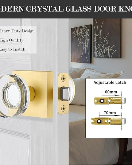 Passage Crystal Door Knobs Interior Glass Door Knob for Closet and Hallway, Brushed Gold Square Door Knobs, Modern Satin Brass Door Handles