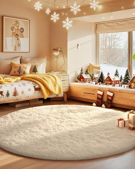 Ophanie Round Rugs 5Ft Ivory Circle Area Rug, Nursery Room Decor, Christmas Aesthetic Bedroom Home Circular Carpet 5 Foot, Fluffy Fuzzy Shag Plush Cream Living Room Rugs for Kids Boys Girls Teen Baby