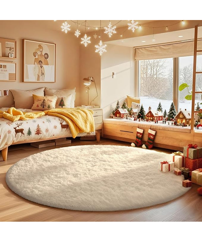 Ophanie Round Rugs 5Ft Ivory Circle Area Rug, Nursery Room Decor, Christmas Aesthetic Bedroom Home Circular Carpet 5 Foot, Fluffy Fuzzy Shag Plush Cream Living Room Rugs for Kids Boys Girls Teen Baby