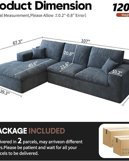 107'' L-Shaped Modern Modular Sectional Cloud Couch, 4-Seat Chenille Deep-Seat Sofa with Pillow for Living Room, Bedroom, Apartment, Ocean Blue